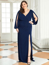 Plus Size Lantern Sleeve V-Neck Floor-Length Mother of the Bride Dress #color_Navy Blue 
