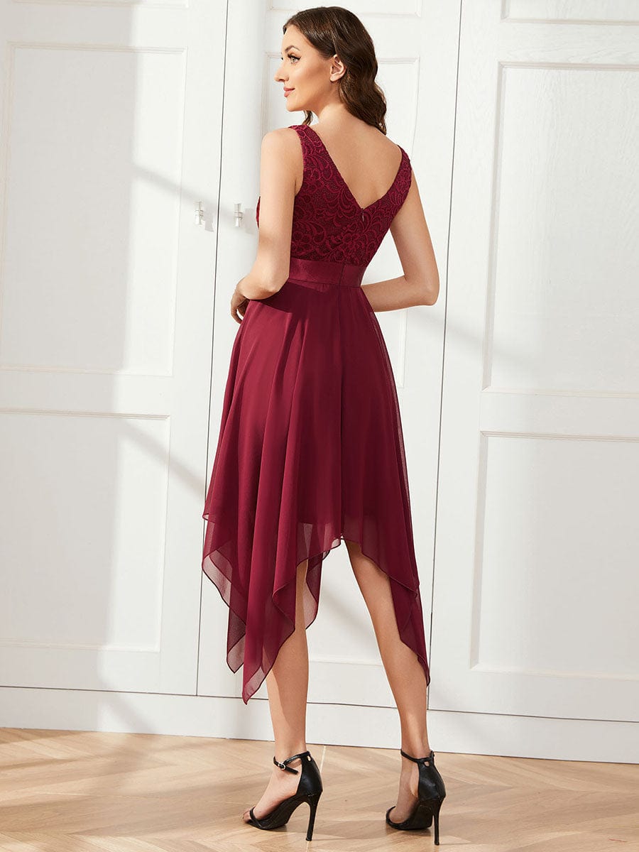 Deep V-Neck Lace Chiffon Bridesmaid Dress with Asymmetrical Hem #color_Burgundy