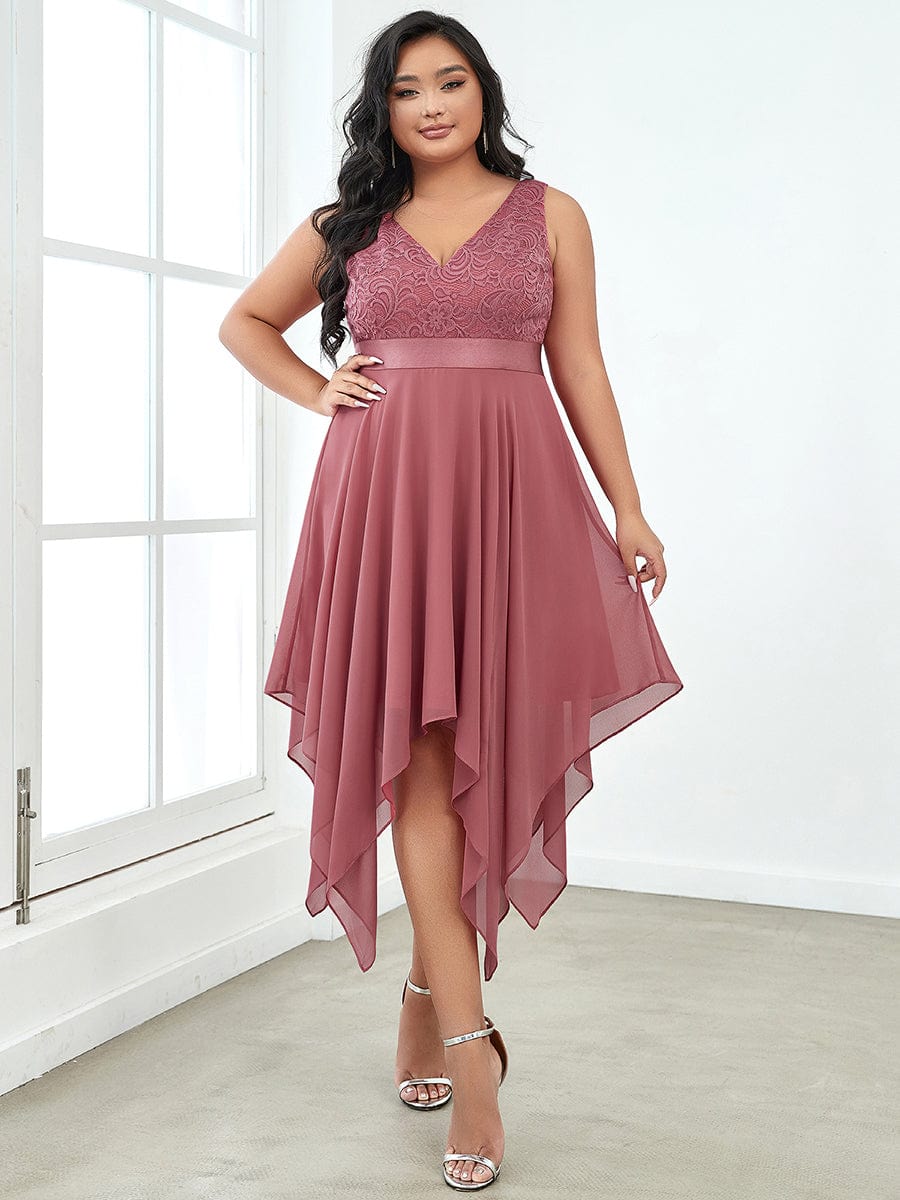 Plus Size Stunning V Neck Lace & Chiffon Prom Dress for Women #color_Cameo Brown