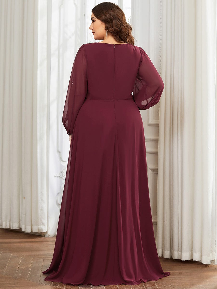 Stylish Plus Size Chiffon Formal Evening Dresses with Long Lantern Sleeves #color_Burgundy