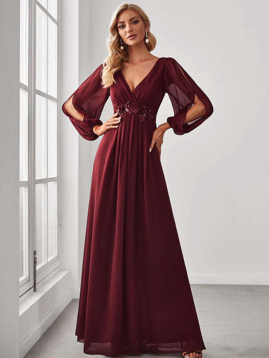 Elegant Chiffon V-Neckline Long Sleeve Formal Evening Dress #color_Burgundy