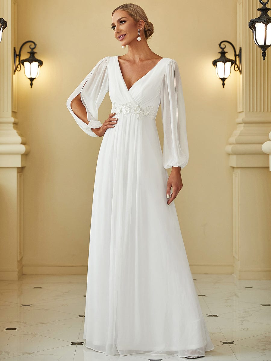 Elegant Chiffon V-Neckline Long Sleeve Formal Evening Dress #color_Cream