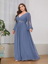 Stylish Plus Size Chiffon Formal Evening Dresses with Long Lantern Sleeves #color_Dusty Navy
