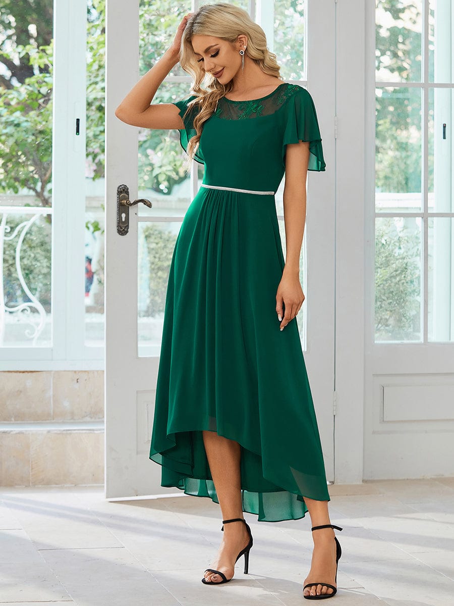 Chiffon Ruffle Sleeves Asymmetrical Hem Mother of the Bride Dress #color_Dark Green