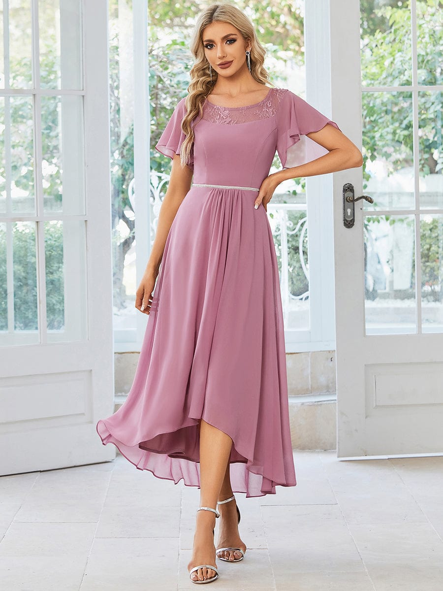 Chiffon Ruffle Sleeves Asymmetrical Hem Mother of the Bride Dress #color_Purple Orchid