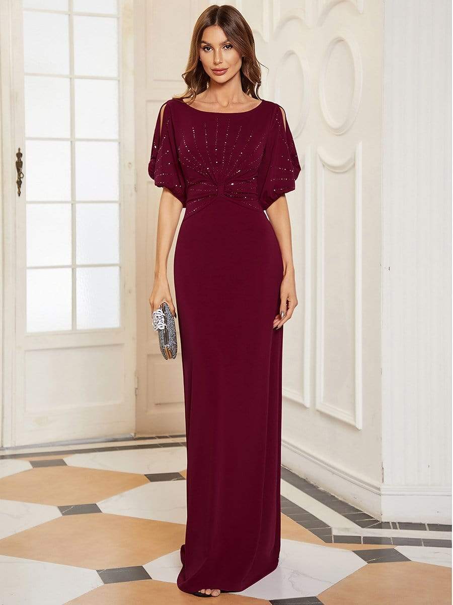 Trendy Round Neck Long Bodycon Evening Dress with Sleeves #color_Burgundy 
