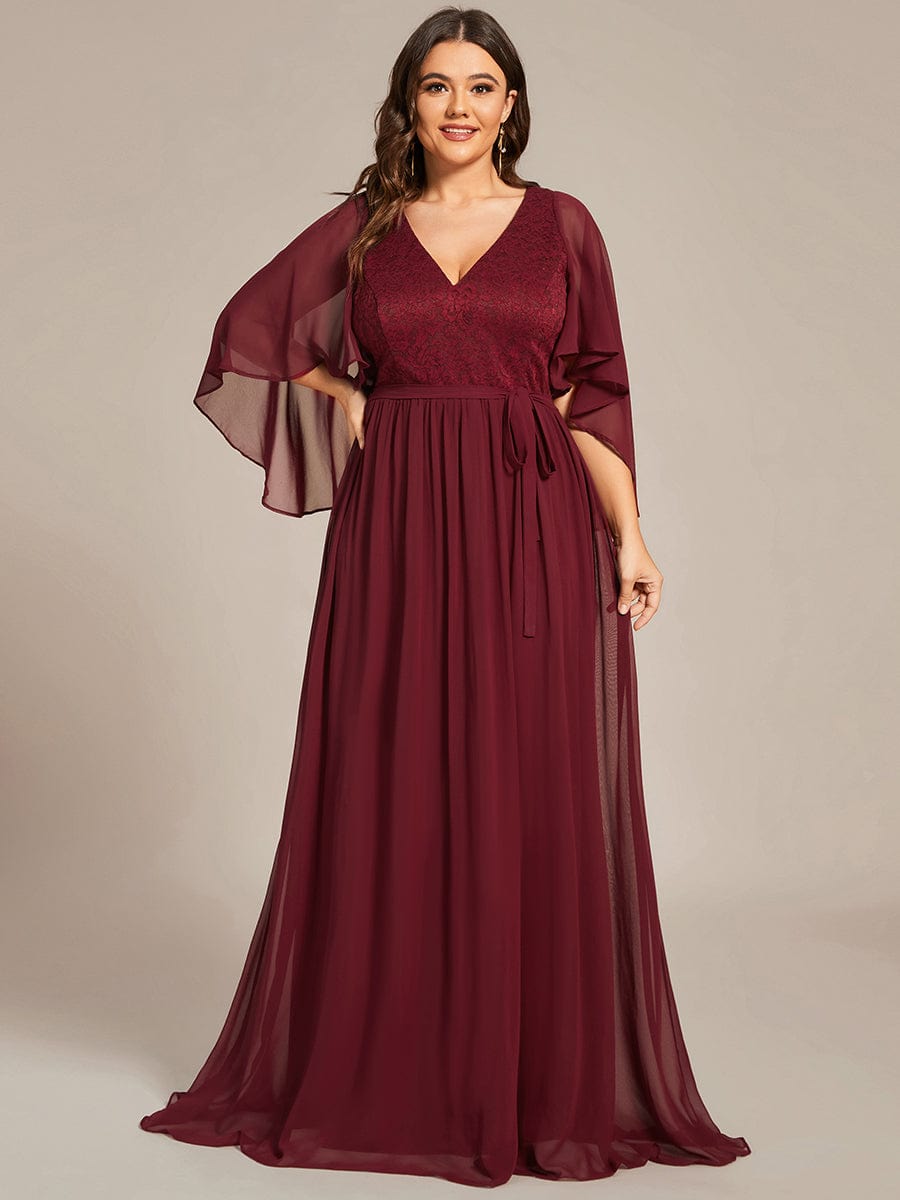 Custom Size Deep V Neck Lace Bodice Long Flowy Evening Dress #color_Burgundy