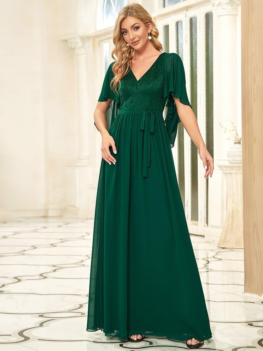 Lace Bodice Long Flowy Evening Dress with Deep V Neck
