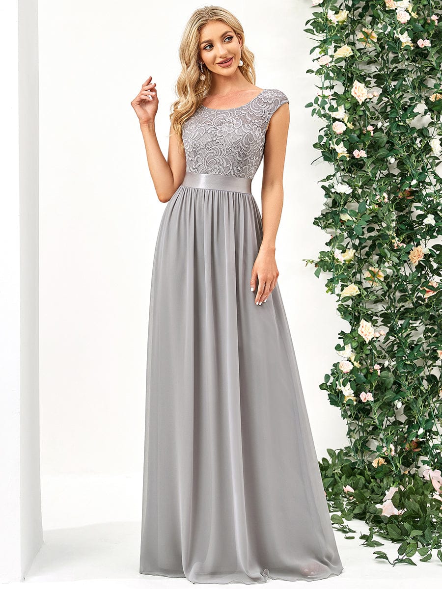 Classic Round Neck V Back Lace Bodice Bridesmaid Dress #color_Grey 