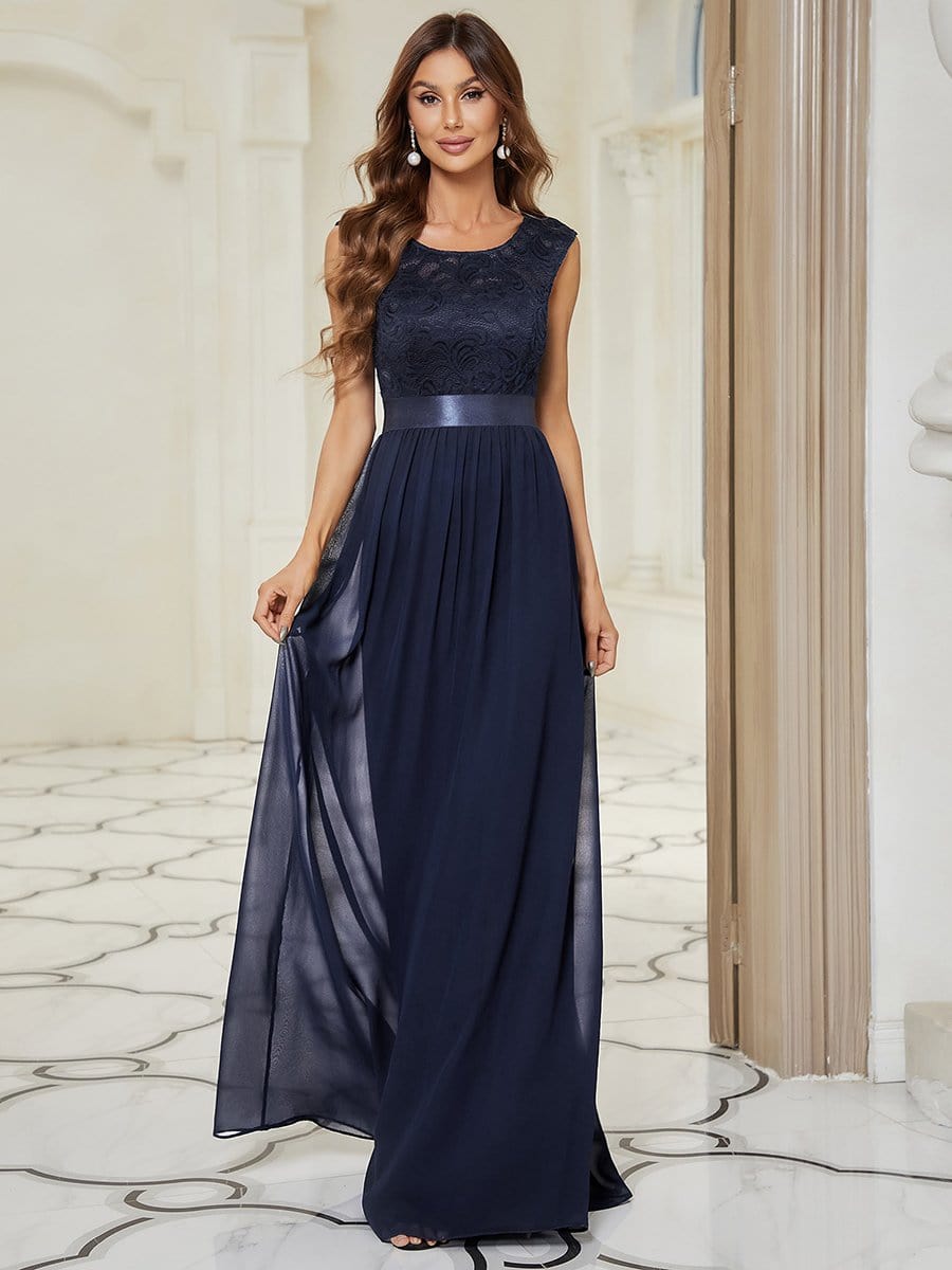 Classic Round Neck V Back Lace Bodice Bridesmaid Dress #color_Navy Blue 