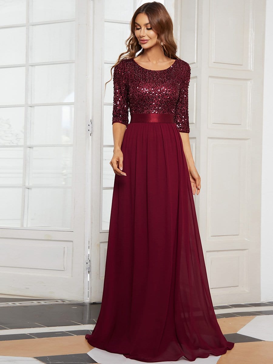 Elegant Round Neckline Long Sleeves Sequin Evening Dress #color_Burgundy 