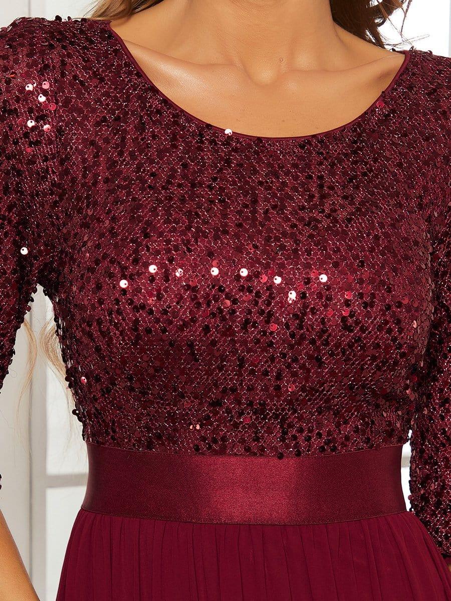 Elegant Round Neckline Long Sleeves Sequin Evening Dress #color_Burgundy 