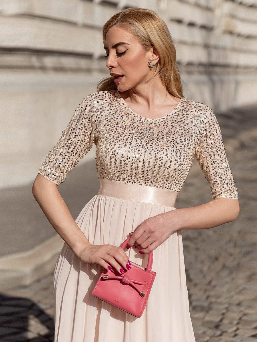 Elegant Round Neckline Long Sleeves Sequin Evening Dress #color_Blush 