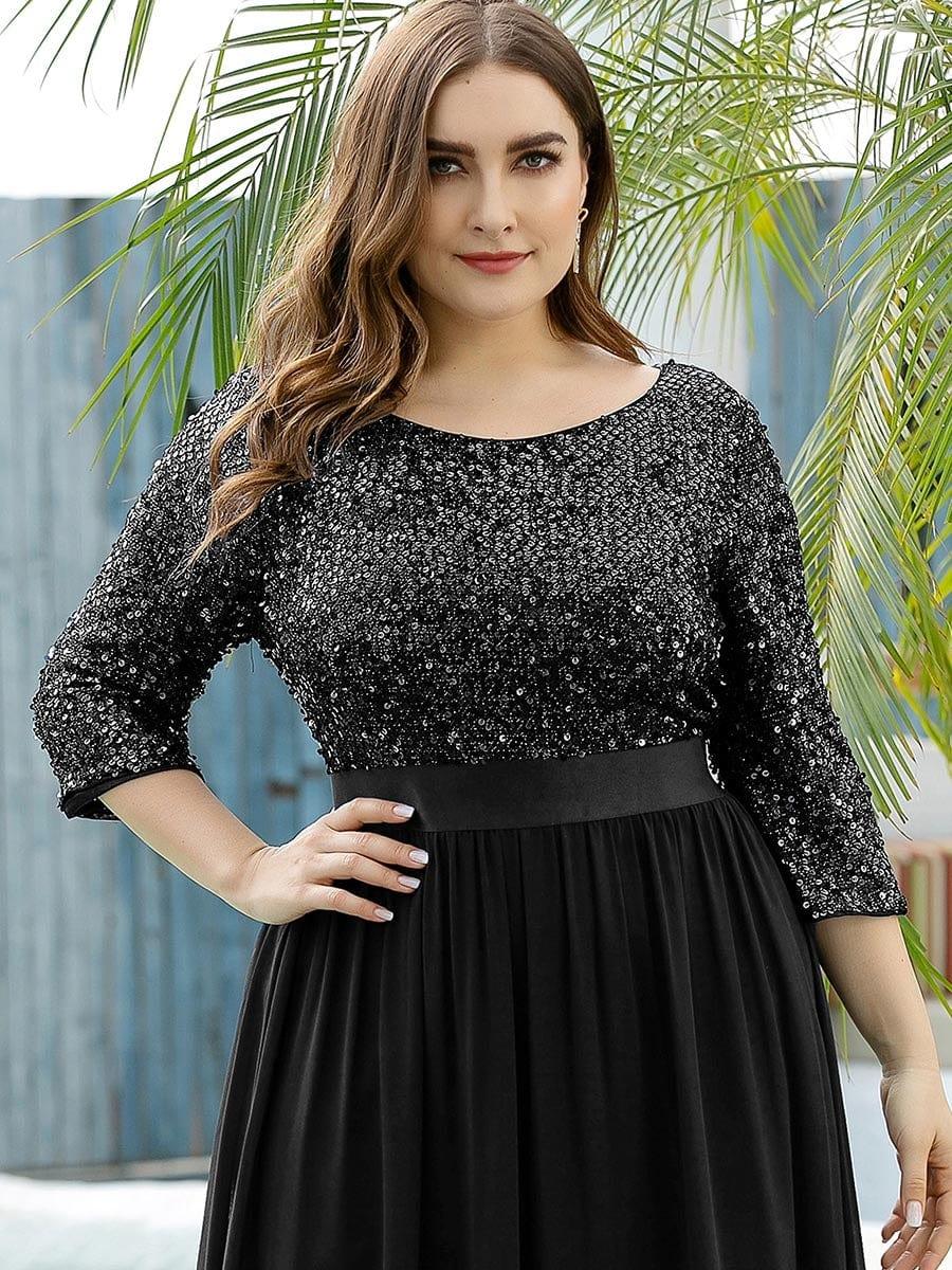 Elegant Round Neckline Long Sleeves Sequin Evening Dress #color_Black 