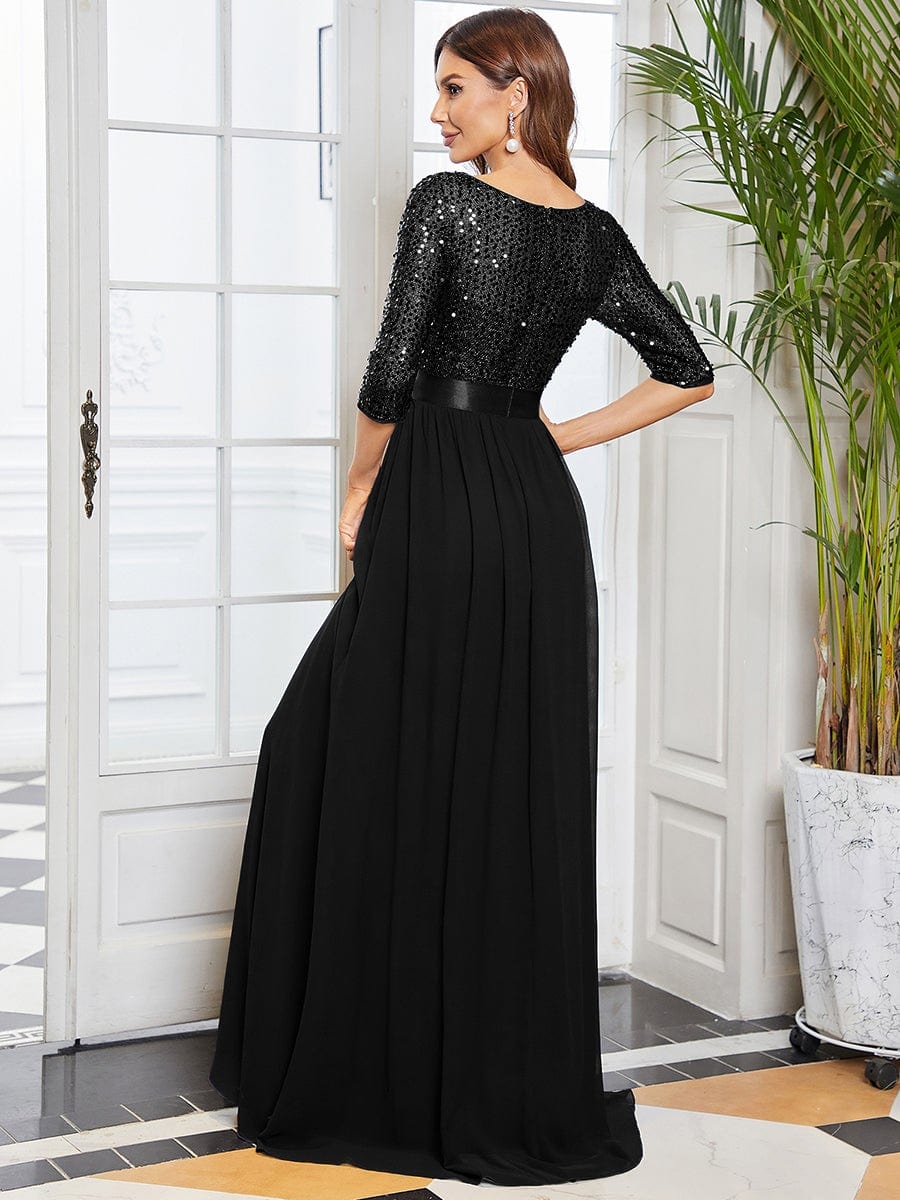 Elegant Round Neckline Long Sleeves Sequin Evening Dress #color_Black 
