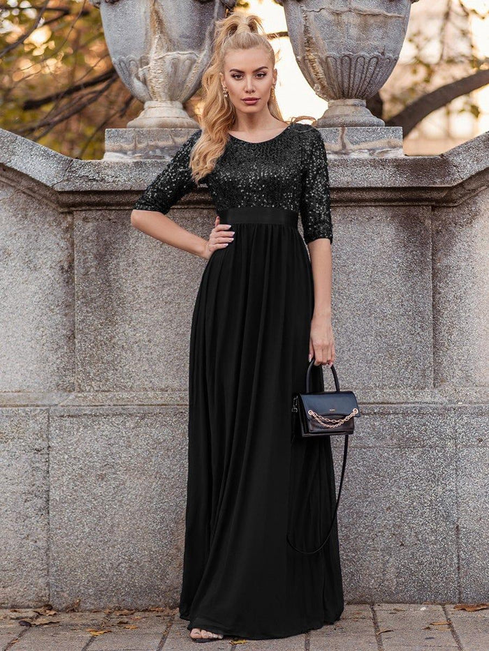 Elegant Black Long Evening Dress with Sequins Half Sleeves and Slit main image 0