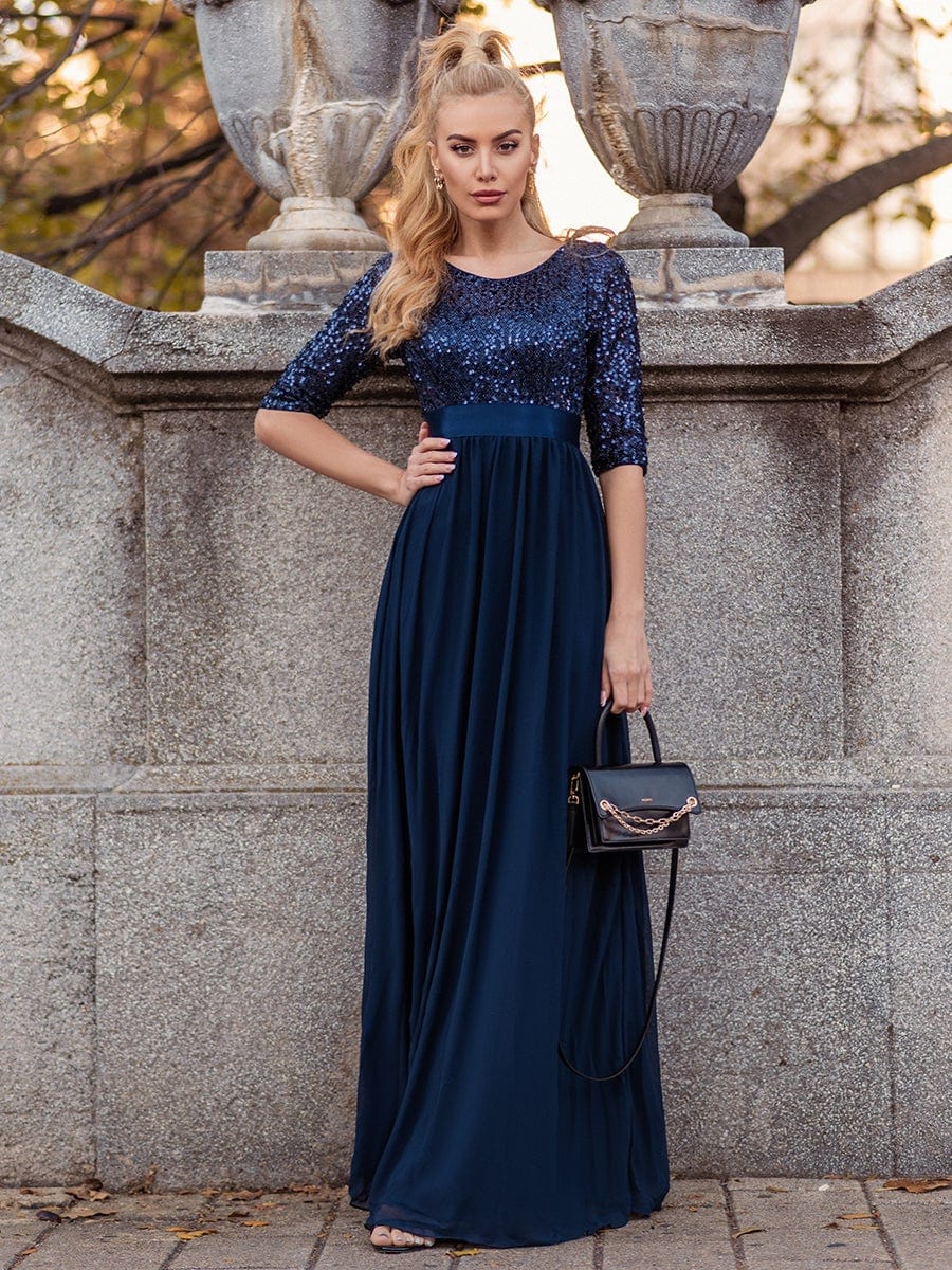 Elegant Round Neckline Long Sleeves Sequin Evening Dress #color_Navy Blue 