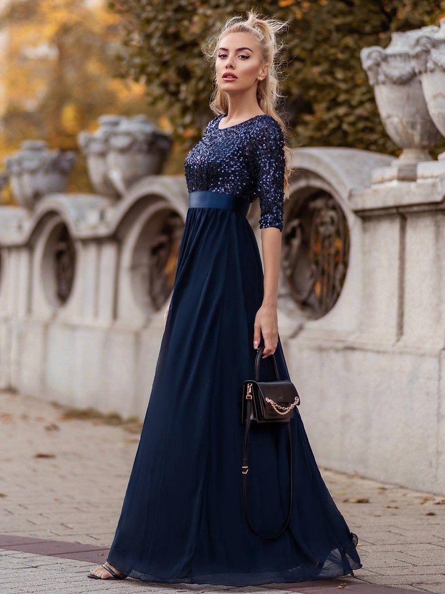 Elegant Round Neckline Long Sleeves Sequin Evening Dress #color_Navy Blue 
