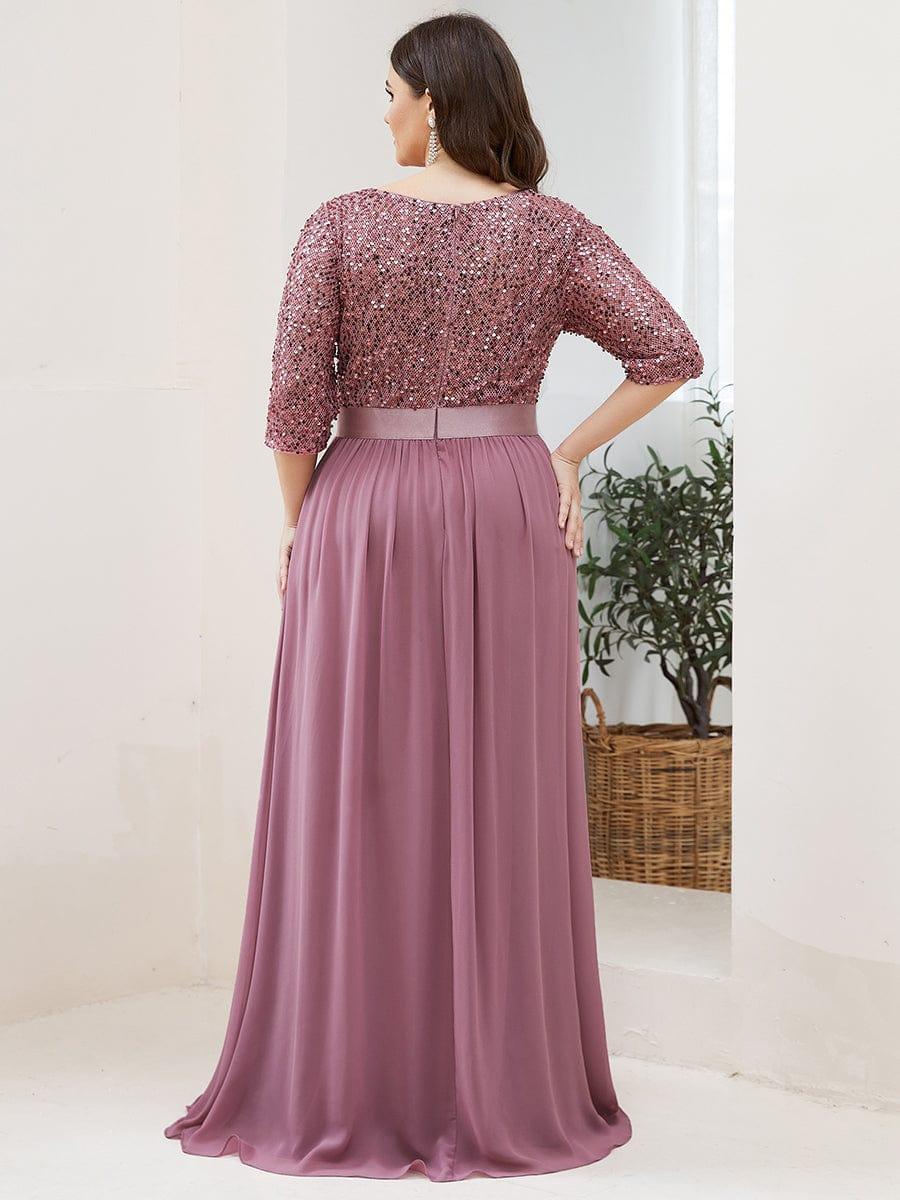 Elegant Round Neckline Long Sleeves Sequin Evening Dress #color_Purple Orchid