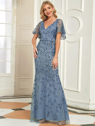 Shiny V Neck Leaf-Sequined Bodycon Formal Evening Dresses #color_Dusty Blue