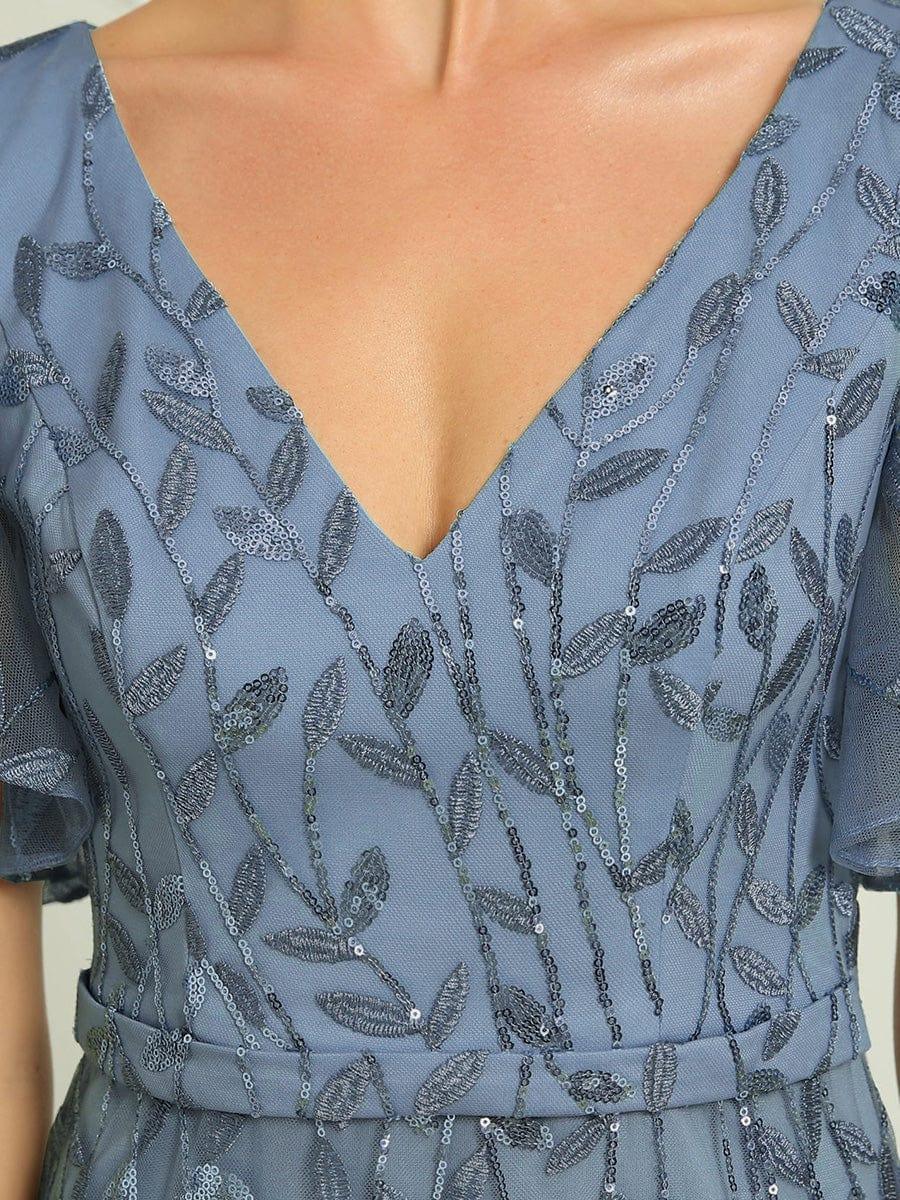 Shiny V Neck Leaf-Sequined Bodycon Formal Evening Dresses #color_Dusty Blue