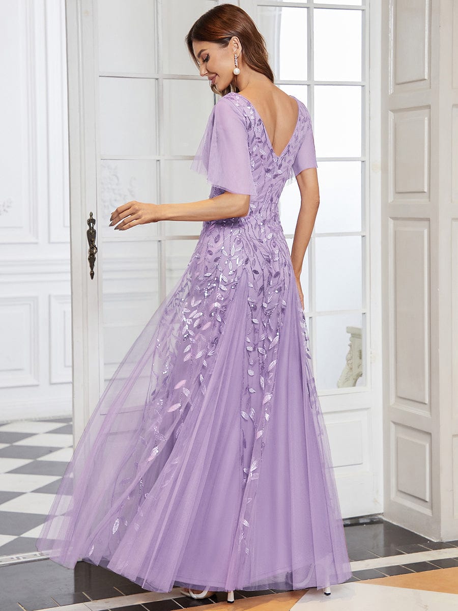 Shimmery V Neck Ruffle Sleeves Sequin Maxi Long Evening Dress #color_Lavender