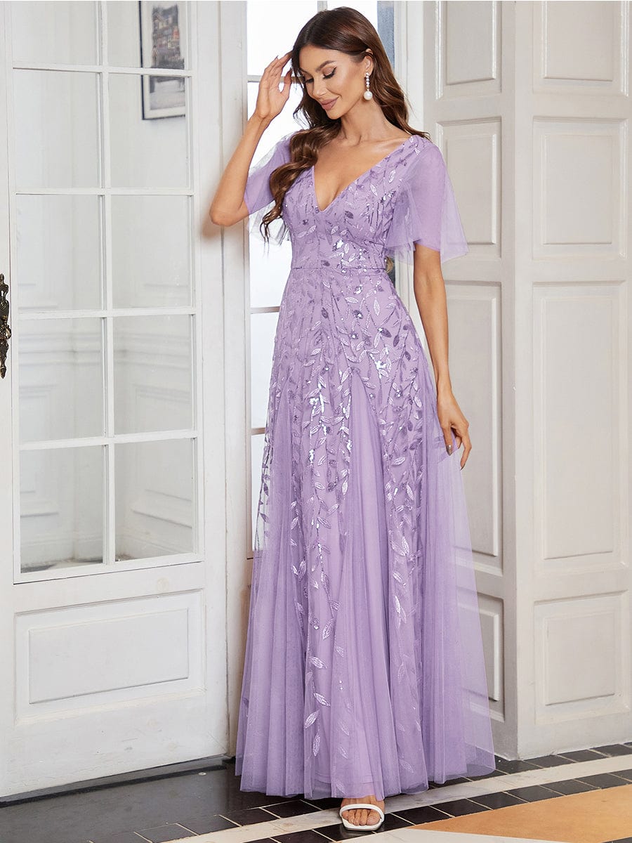 Shimmery V Neck Ruffle Sleeves Sequin Maxi Long Evening Dress #color_Lavender