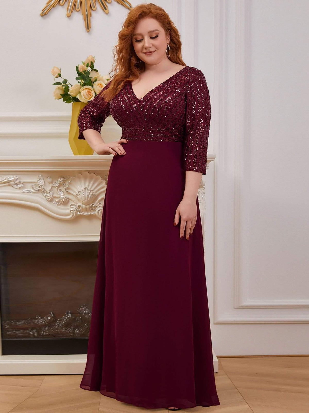 Plus Size 3/4 Sleeve Sequin Patchwork A-Line Floor Length Evening Dresses