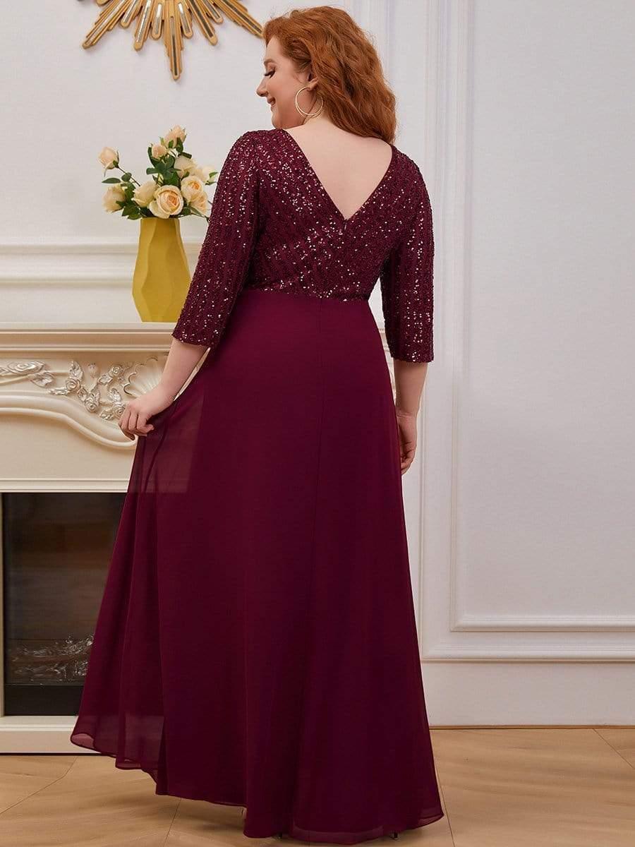 Sexy V Neck Sequin Evening Dresses with 3/4 Sleeve #color_Burgundy 