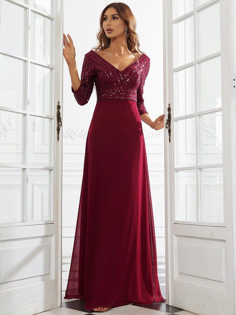 Sexy V Neck Sequin Evening Dresses with 3/4 Sleeve #color_Burgundy 