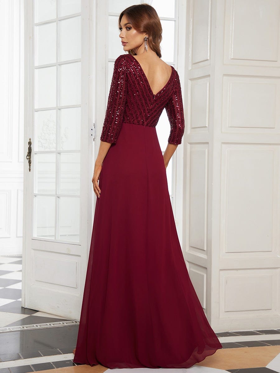 Sexy V Neck Sequin Evening Dresses with 3/4 Sleeve #color_Burgundy 