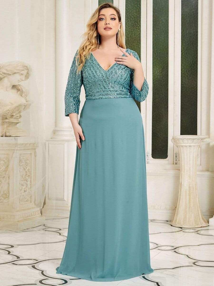 Plus Size V Neck A-Line Sequin Formal Evening Dress with Sleeve #color_Light Teal