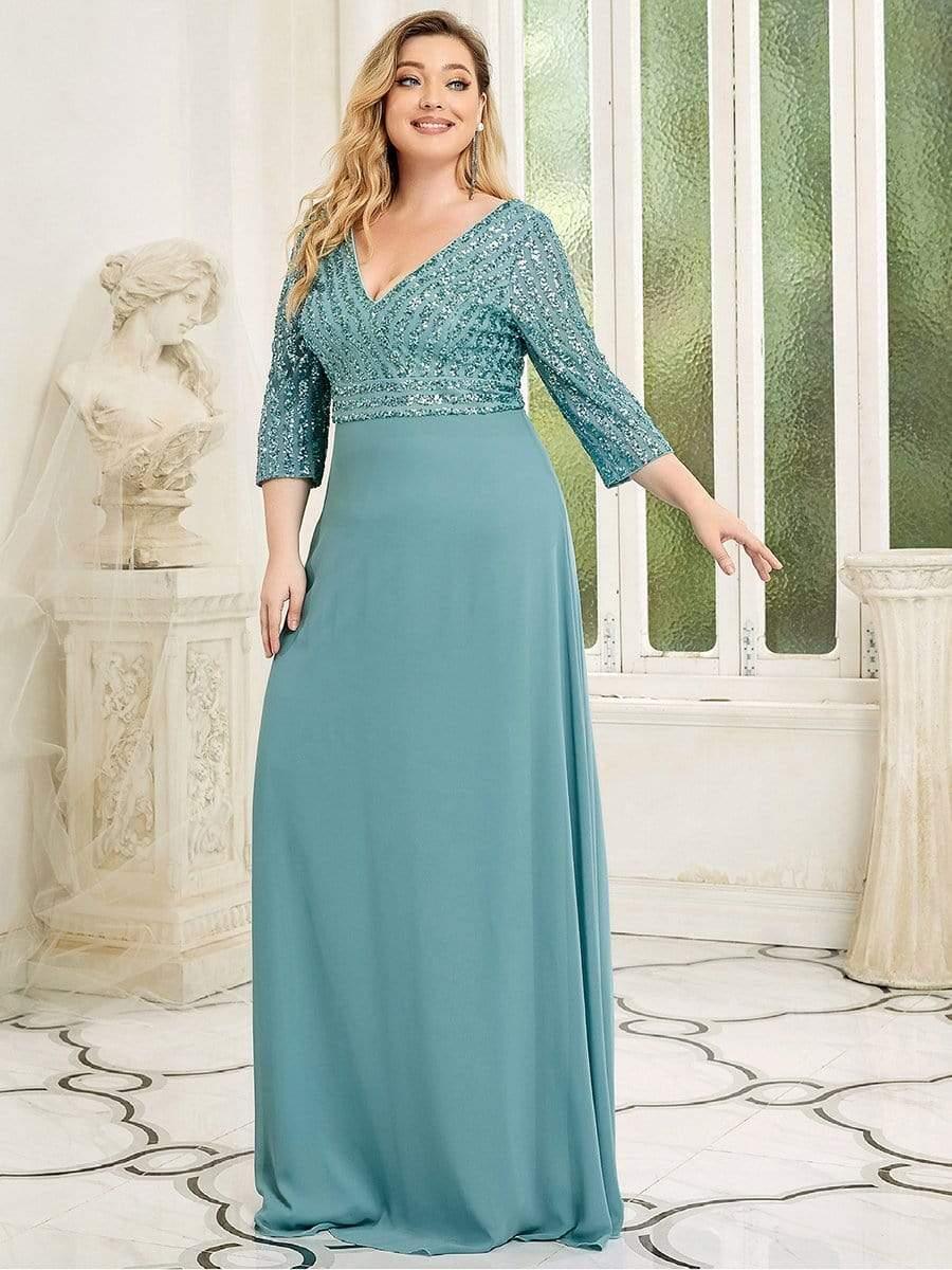 Plus Size V Neck A-Line Sequin Formal Evening Dress with Sleeve #color_Light Teal