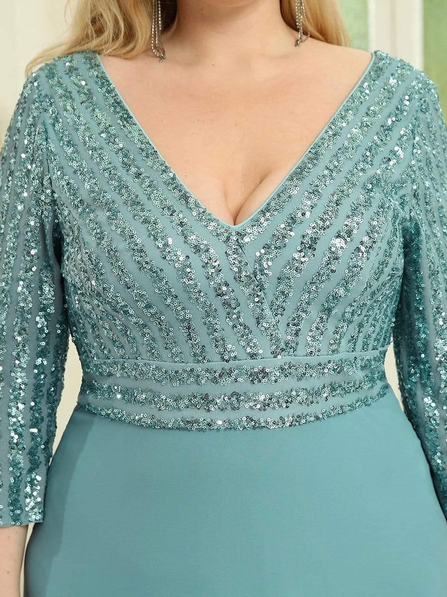 Plus Size V Neck A-Line Sequin Formal Evening Dress with Sleeve #color_Light Teal