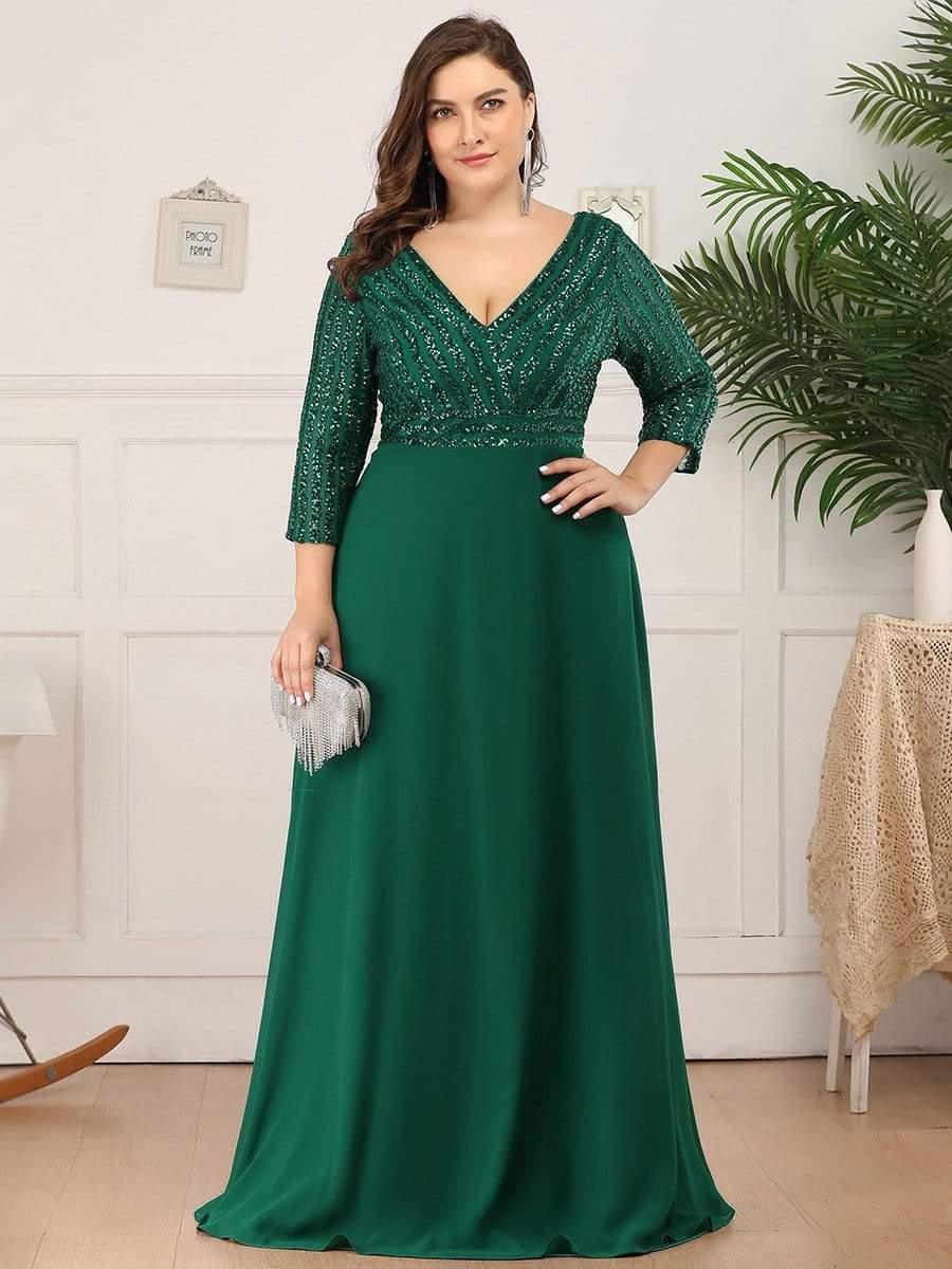 Plus Size V Neck A-Line Sequin Formal Evening Dress with Sleeve #color_Dark Green