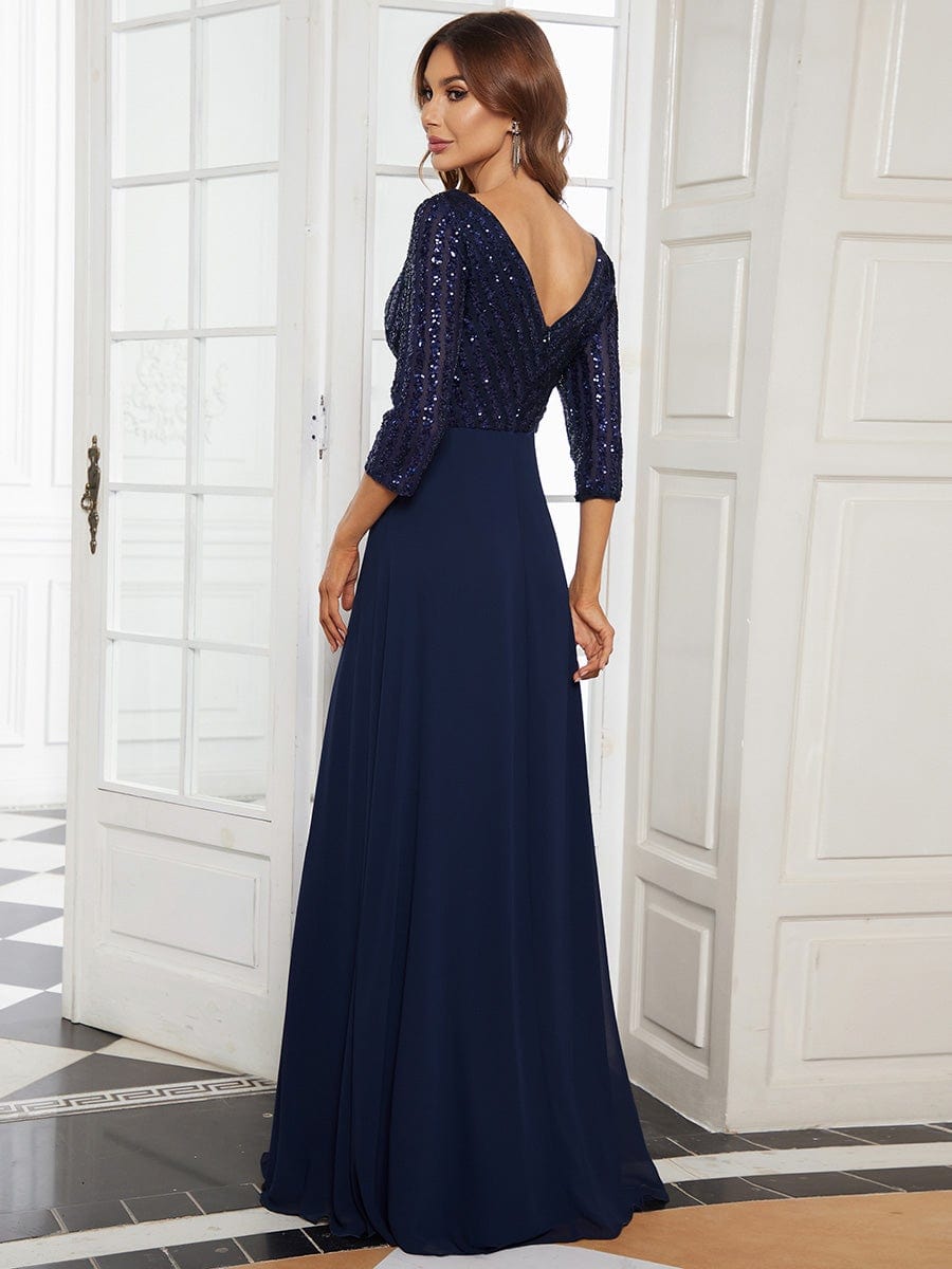 Sexy V Neck Sequin Evening Dresses with 3/4 Sleeve #color_Navy Blue 