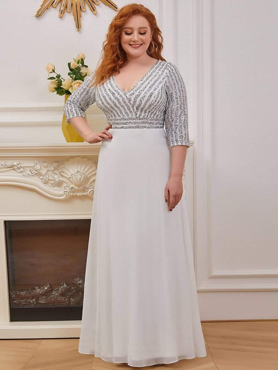 Plus Size V Neck A-Line Sequin Formal Evening Dress with Sleeve #color_White