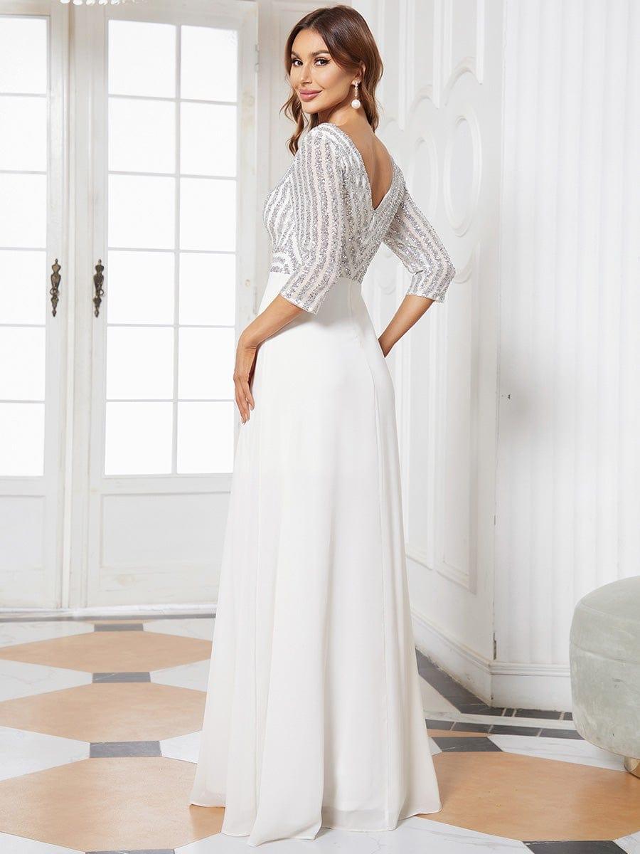 Sexy V Neck Sequin Evening Dresses with 3/4 Sleeve #color_White 