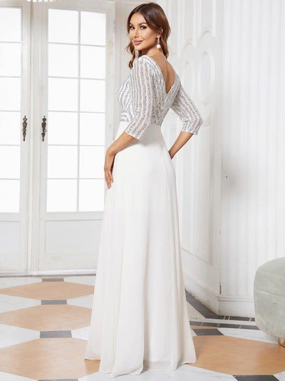 Sexy V Neck Sequin Evening Dresses with 3/4 Sleeve #color_White 