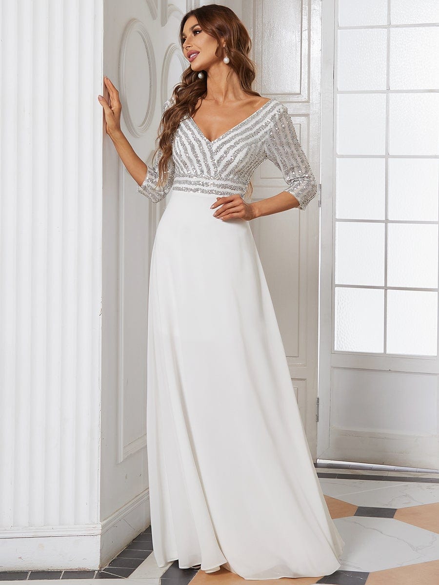 Sexy V Neck Sequin Evening Dresses with 3/4 Sleeve #color_White 