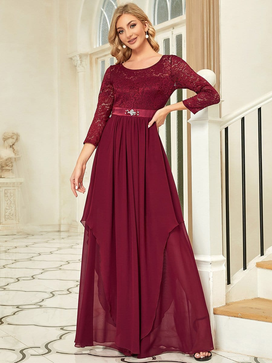 Classic Floral Lace Bridesmaid Dress with Long Sleeve #color_Burgundy 