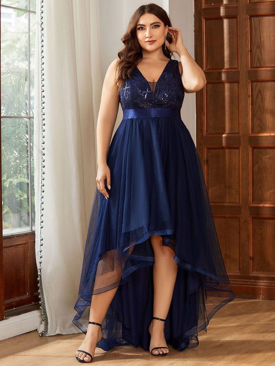 Plus Size Sequin High-Low Deep V Neck Tulle Evening Dresses