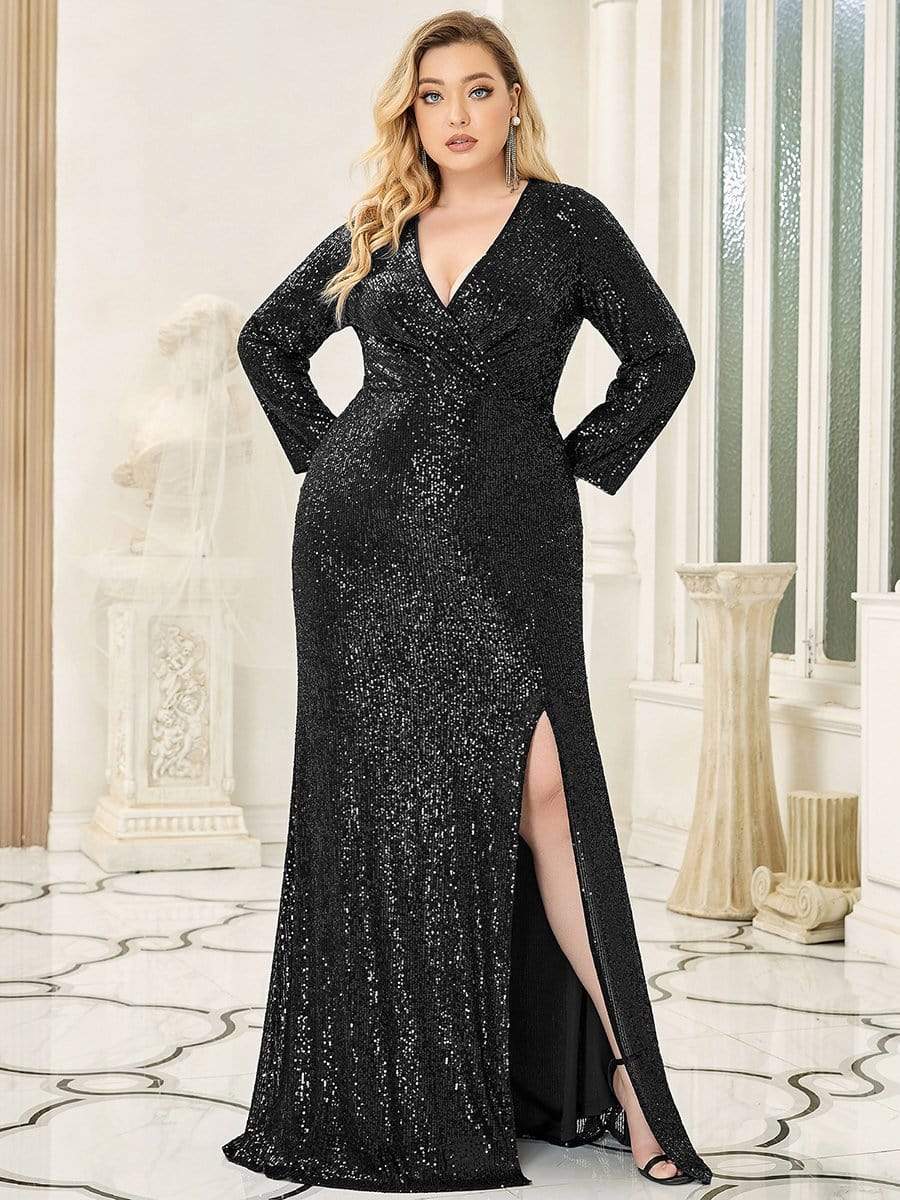 Plus Size Sexy Deep V-Neck Sequin Bodice Formal Evening Gowns #color_Black 