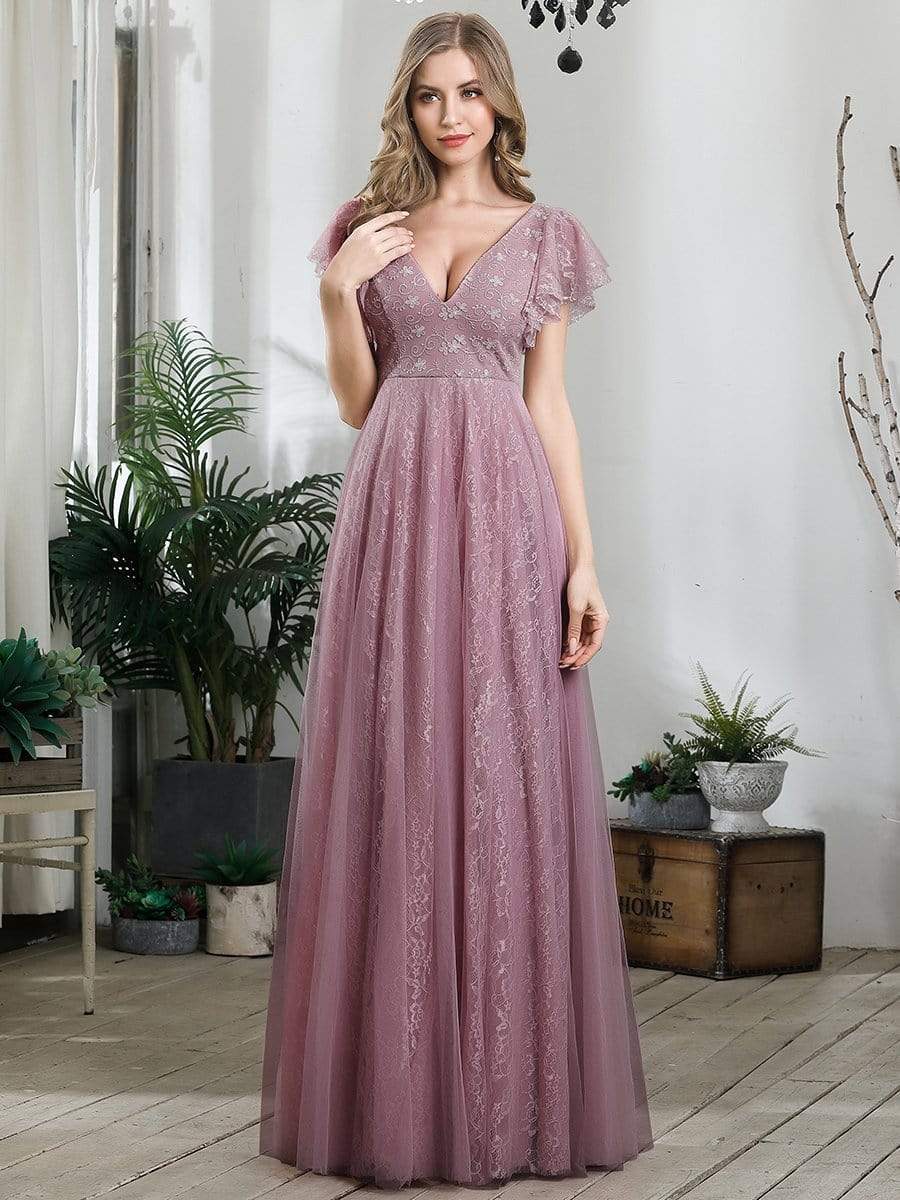 Double V Neck Long Lace Evening Dress with Ruffle Sleeves