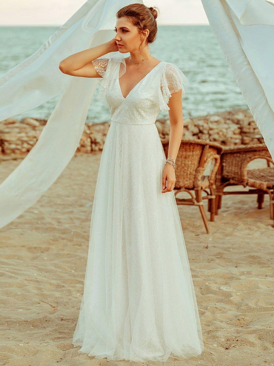 Ever Pretty Double V Neck Lace Evening Dress with Ruffle Sleeves