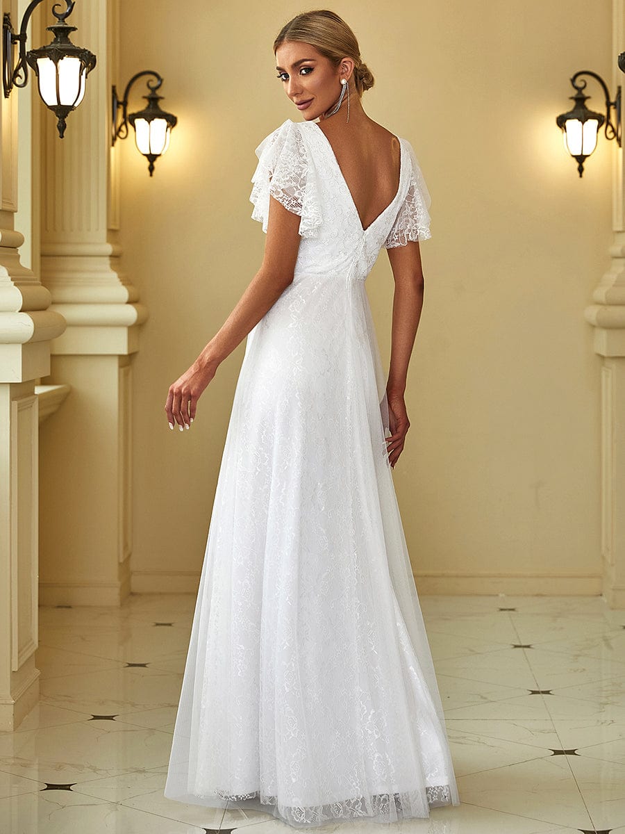 Elegant Maxi Lace Elopement Wedding Dress with Ruffle Sleeves #color_White