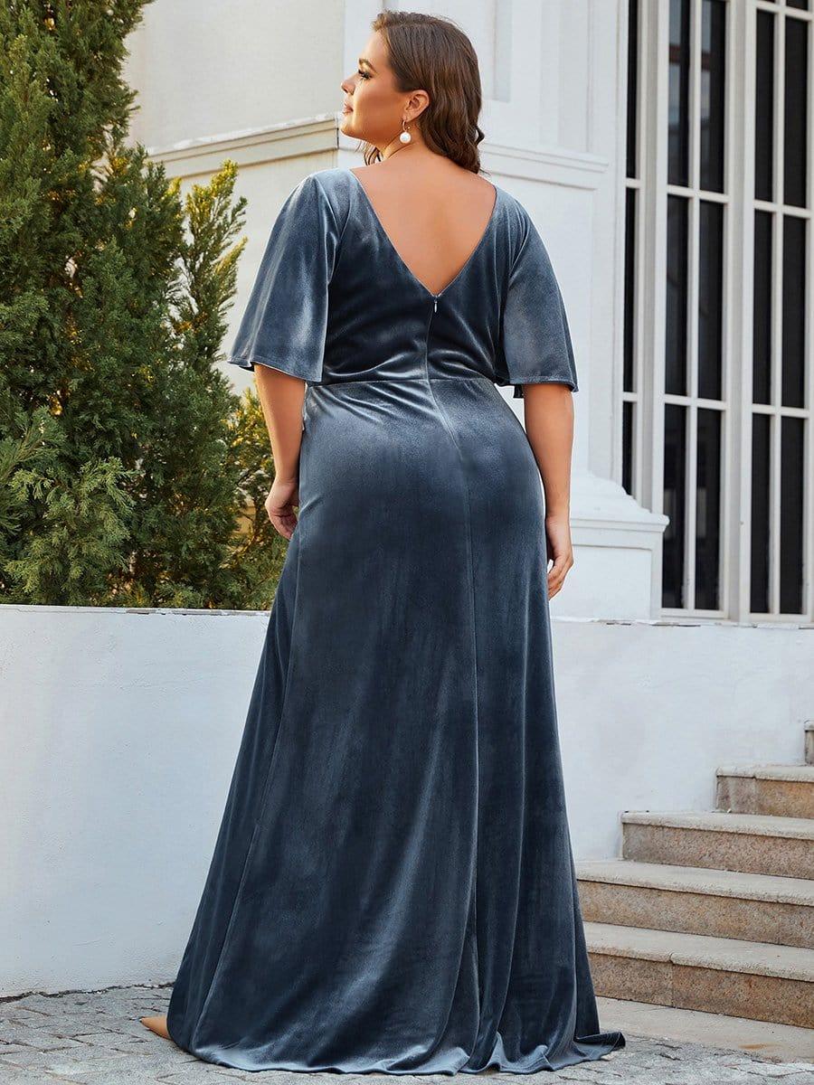 Elegant Double V Neck Velvet Party Dress with Sleeves #color_Dusty Blue