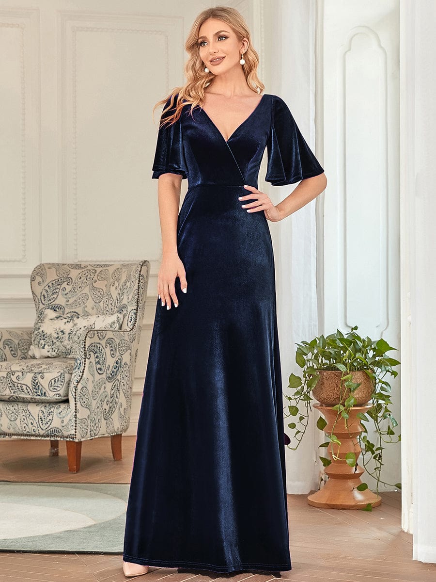 Elegant Double V Neck Velvet Party Dress with Sleeves #color_Navy Blue
