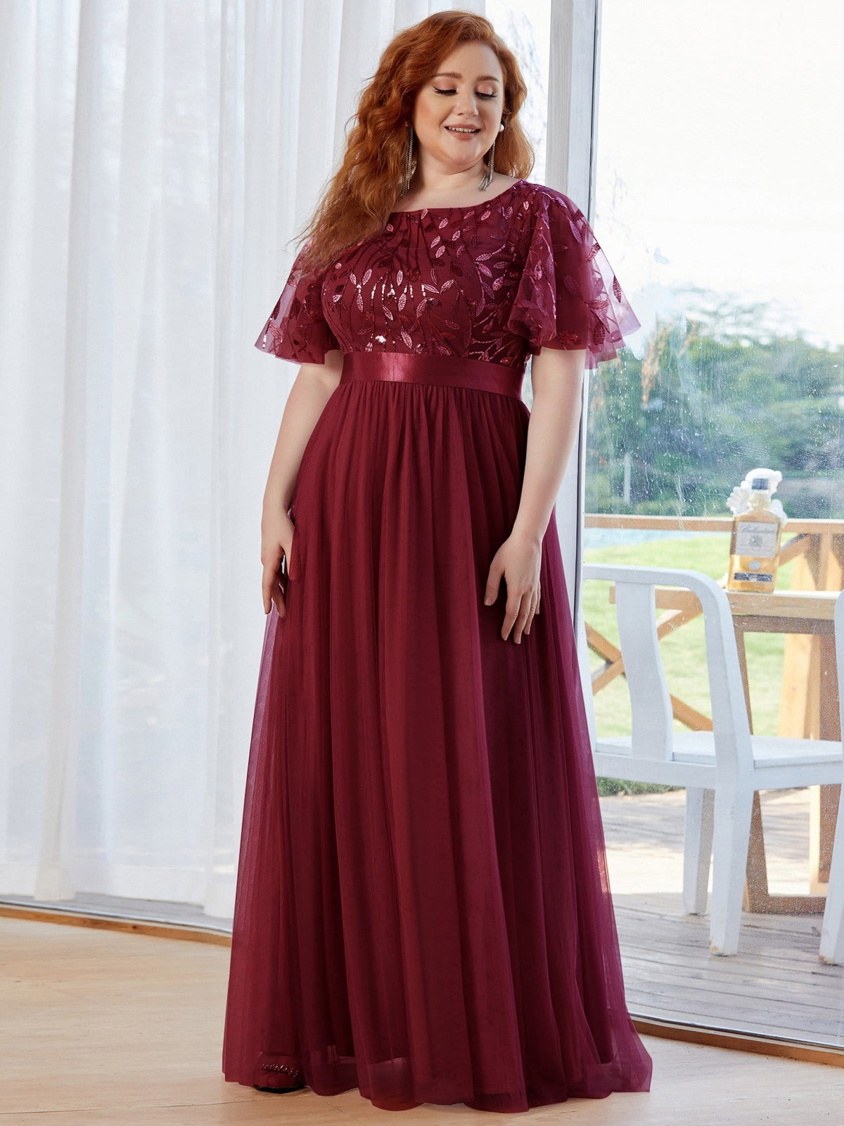 Custom Size Women's A-Line Sequin Leaf Maxi Prom Dress with Sleeves #color_Burgundy