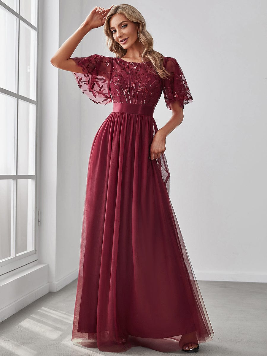 Women's A-Line Sequin Leaf Maxi Prom Dress with Sleeves #color_Burgundy